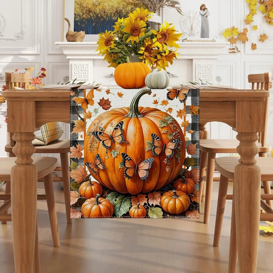 Linen Black and White Buffalo Check Plaid Fall Table Runner 72 Ihes Long Fall Leaves Pumpkin Butterfly Home Kitchen Table Decor