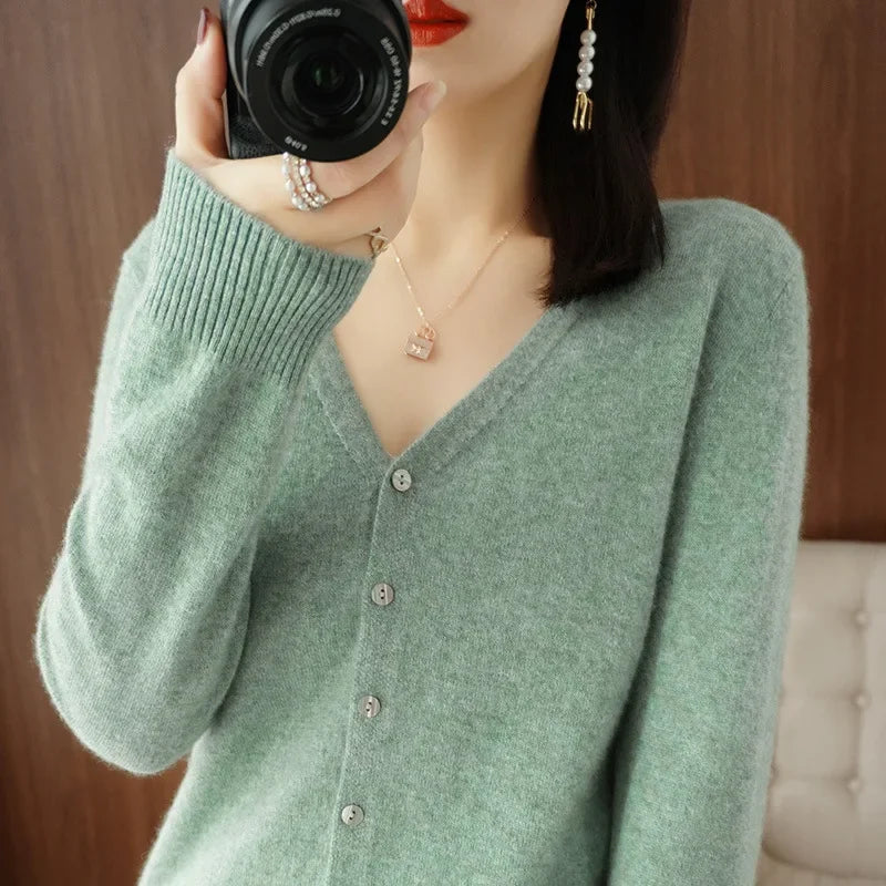 2026 Women Cardigans Long Sleeve Knitted Outerwear Solid Thin Spring / Autumn Sweaters V-neck Knitwear Cardigans