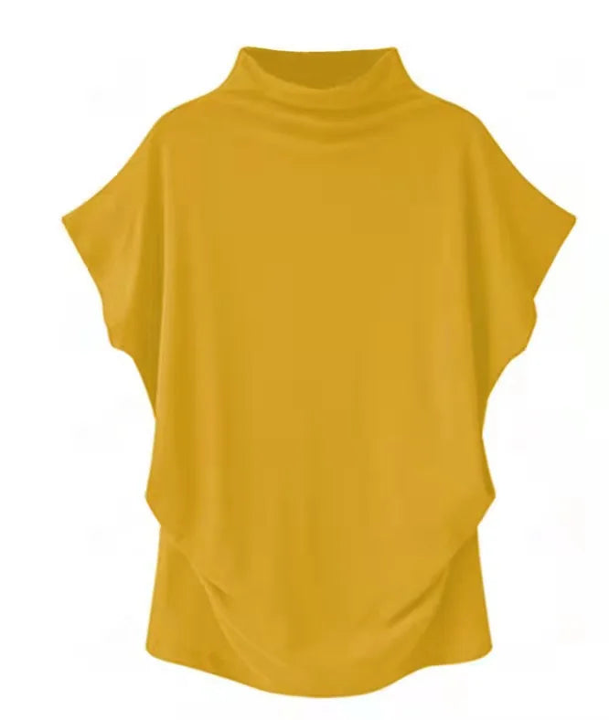 Women's Retro Solid Color T-Shirt Summer Turtleneck Short Sleeve Tees Fashion Loose Streetwear Female Pleated Top