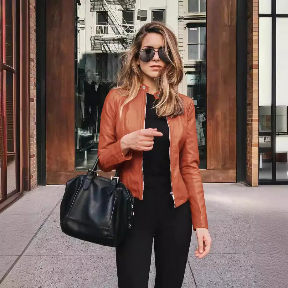 KIDCRKJ Spring Autumn Women's Leather Jacket Solid Color Zipper Female PU Suit Jacket O-neck Casual Jacket Women's Outwears