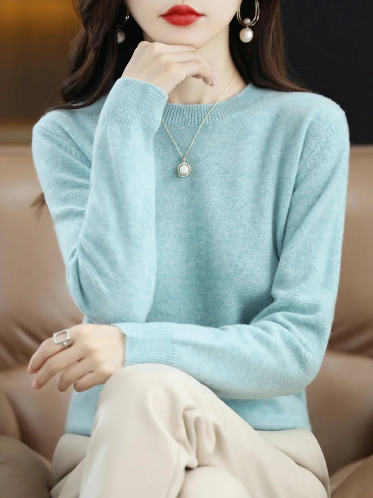 Fashion 100% Merino Wool Sweater Elegant Cashmere Pullover Women O-Neck Long Sleeve Knitwear Basic Clothing  Jumper Tops