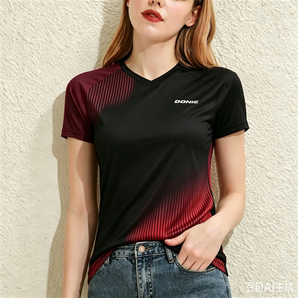 Summer Casual Women's T-shirts Table Tennis Sports Short Sleeve Tees Fashion V-neck Loose  Tops Running Training Female Clothing