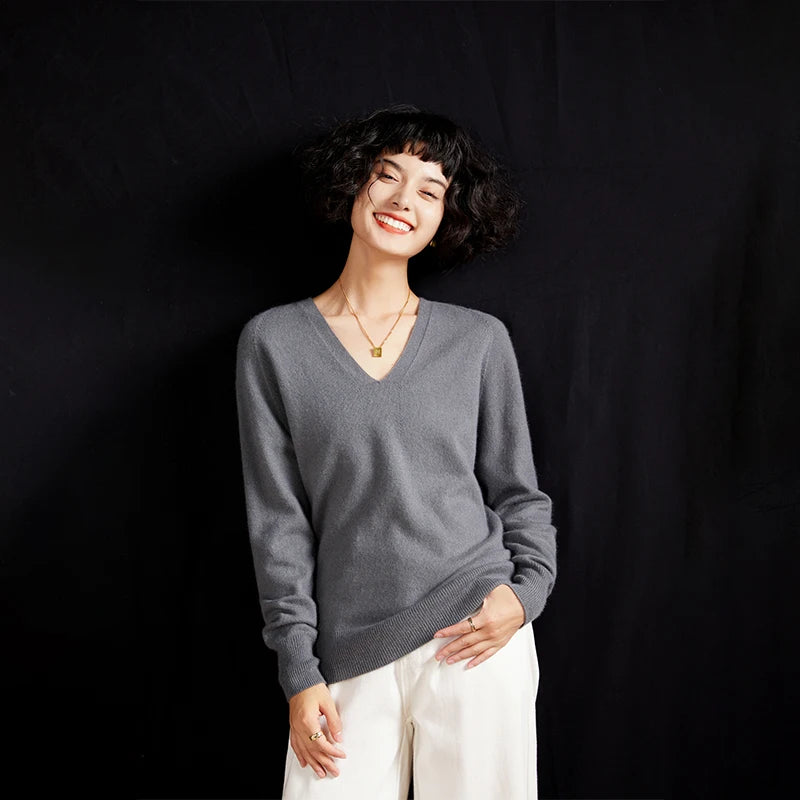 Autumn And Winter New Women's Cashmere Sweater 100% Pure Cashmere V-neck Knitted Pullover Long Sleeved Hot Selling Women's Top