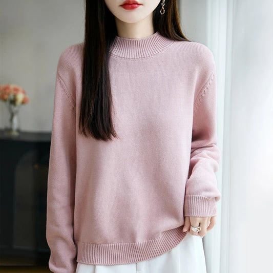 100% Pure Cotton Women's Knitted Sweater Solid Color Round Neck Pullover Loose Cotton Sweater Autumn and Winter New Women's Top