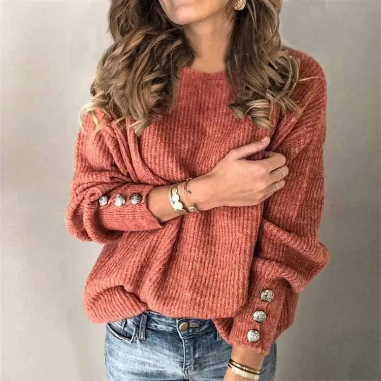Women's Long Sleeve round Neck Button Sweater Top T-shirt Clean Fit City Walk Linen Blend Princess Sleeve