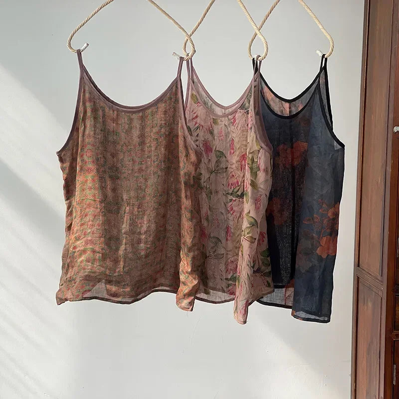 Women's Camisole Tank Tops Printed Ramie Sleeveless Shirt 2026 New Sweet Casual Spaghetti Straps Vest V-neck
