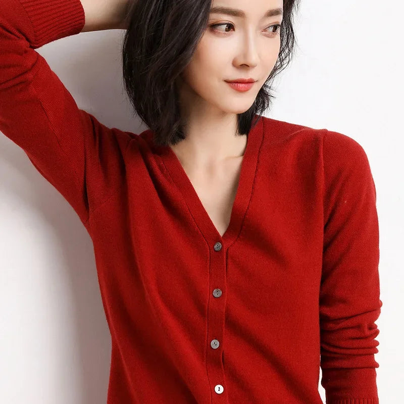 2026 Women Cardigans Long Sleeve Knitted Outerwear Solid Thin Spring / Autumn Sweaters V-neck Knitwear Cardigans