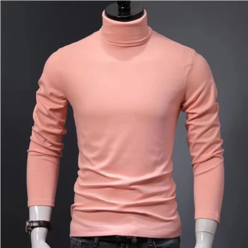 2025 Autumn New Men Mid To High Collar Warm Clothes Solid Color Outdoor Leisure  Male Running Slimming Long Sleeve Bottom Shirt