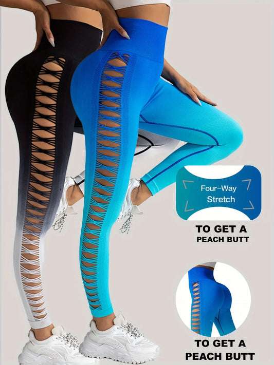2 Pack US Local Women’s Gradient Hollow Out Yoga Tight Buttocks Lift Sexy Athletic High Waisted Tummy Control Workout Yoga Pants