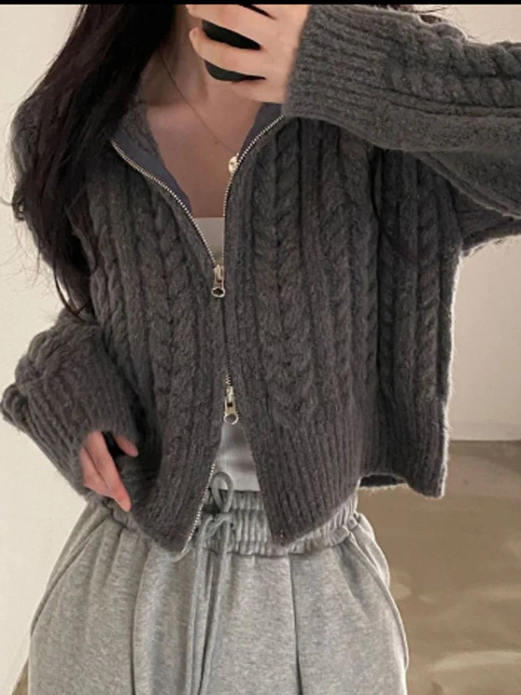 Loose Knitted Open Cardigan Sweater Spring Autumn Retro Collar Twist Version Top zipper Women's Faion