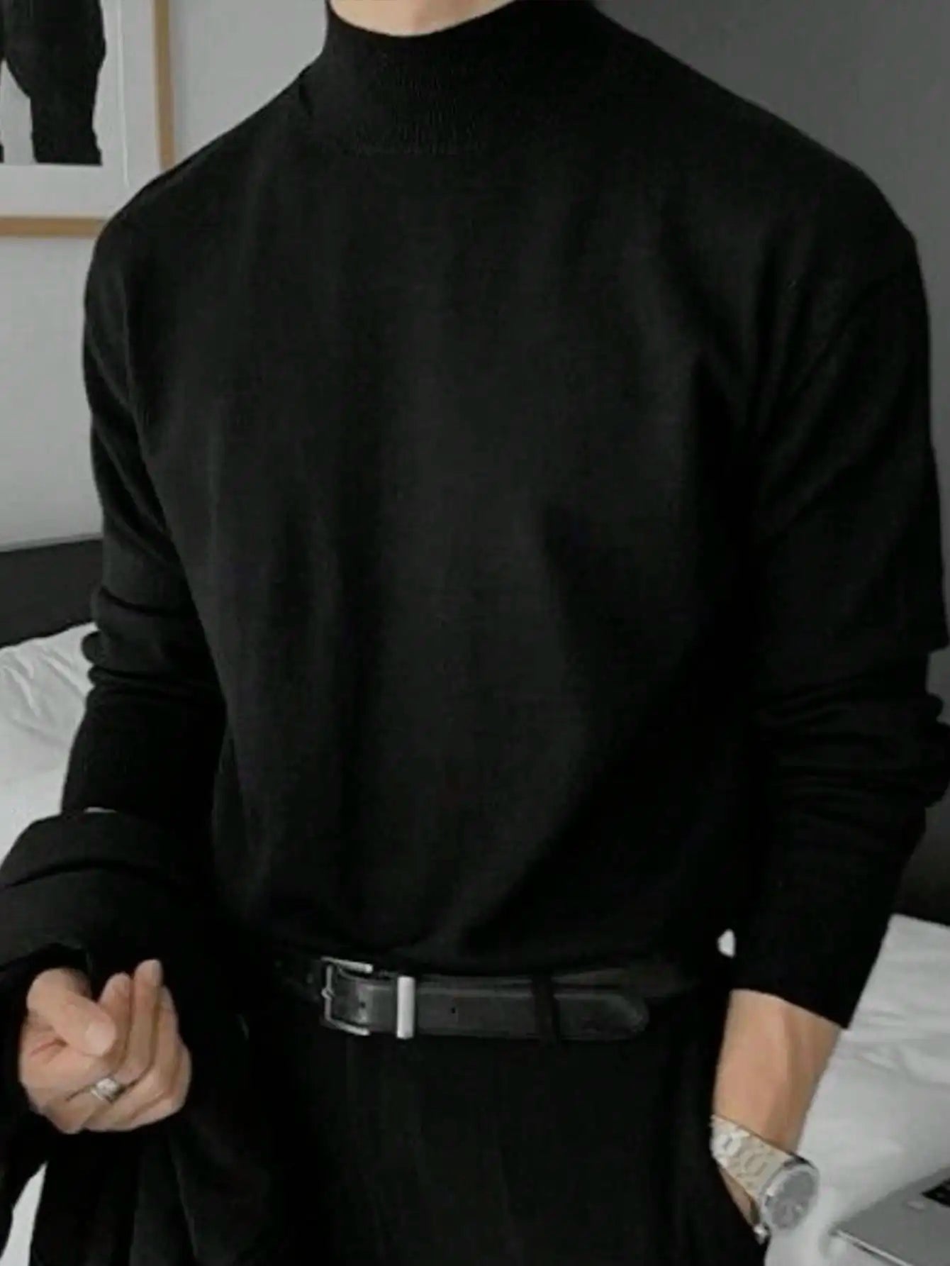 Men's Black Loose Fit Long Sleeve Turtleneck Sweater for Autumn Winter