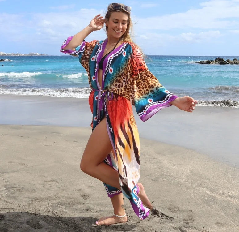 Swimsuit Cover Up Printed Kimono for Sea Boho Coverup Long Luxury Beach Outings Belted Swimwear Cape Holiday Bathing Suits Sales