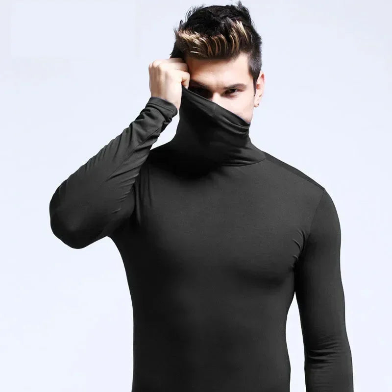 2025 Autumn New Men Mid To High Collar Warm Clothes Solid Color Outdoor Leisure  Male Running Slimming Long Sleeve Bottom Shirt