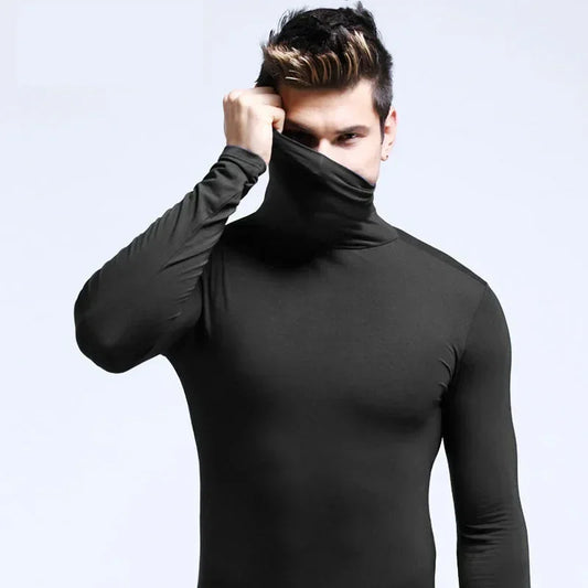 2025 Autumn New Men Mid To High Collar Warm Clothes Solid Color Outdoor Leisure  Male Running Slimming Long Sleeve Bottom Shirt