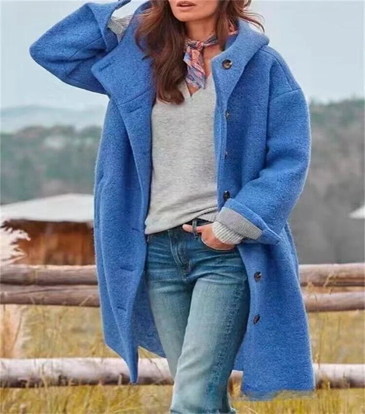 Women's Winter Hooded Long Sve Loose Fit  Color Coat Jaet Silk Knitted Thiened Outerwear for Autumn Season