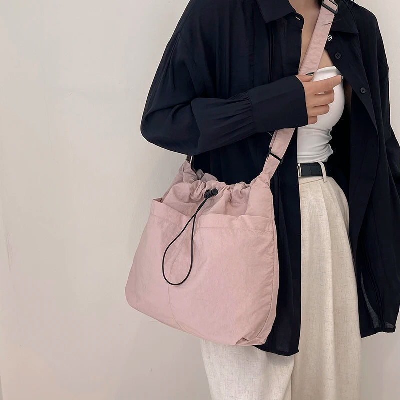Female Nylon Shoulder Bag Large Capacity Stylish Crossbody Bag Wear Resist Drawstring Shoulder Bag Travel Shopping Commute Bag