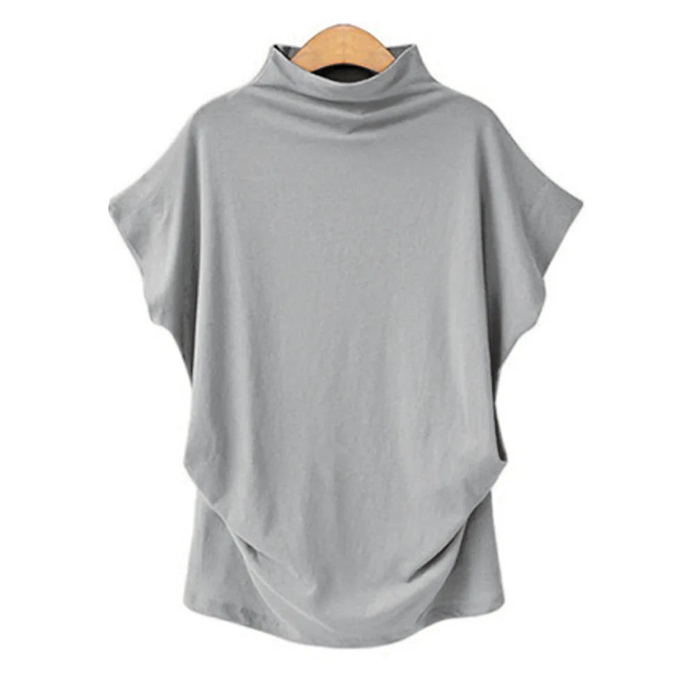 Women's Retro Solid Color T-Shirt Summer Turtleneck Short Sleeve Tees Fashion Loose Streetwear Female Pleated Top