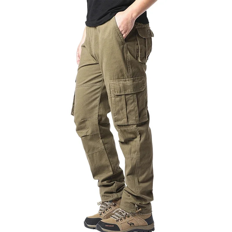 Large Pocket Loose Overalls Men's Outdoor Sports Jogging Tactical Pants Elastic Waist Pure Cotton Casual Work Pants 2026