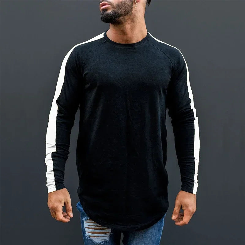 Plain Bodybuilding Sport Shirts Breathale Cotton Long Sleeve Tops Gym Fitness T-Shirts Slim Fit Contrast Color Hip Hop Clothing