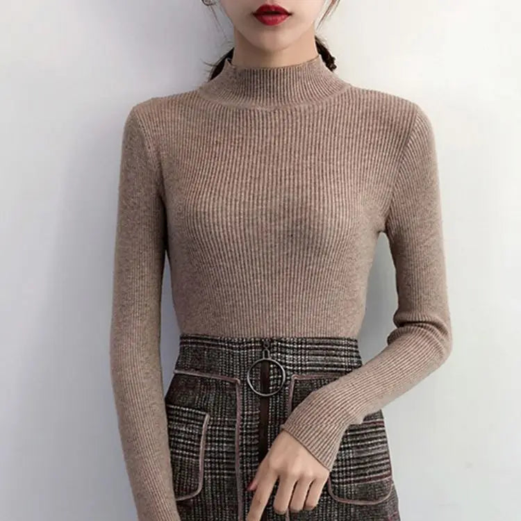 Early Spring, Autumn Winter Mock Neck Women Sweater Vintage Basic Solid Knitted Tops Casual Slim Pullover Korean Sweaters Simple Chic Jumpers
