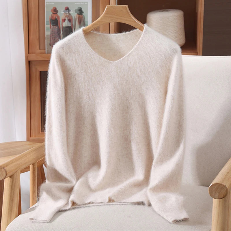 Fall/Winter Fashion Mink Cashmere Women's V-neck Pullover Bottom Shirt Slim Knitted Sweater Short Plus Size