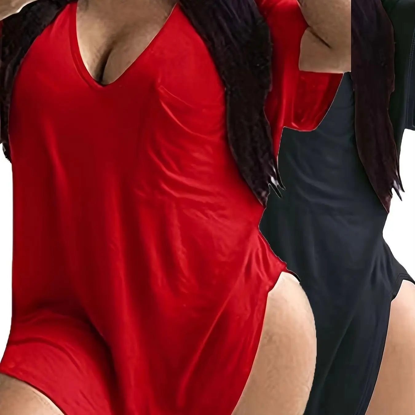 2-pack V-neck patch pocket loose short sleeve T-shirt plus size fat girl base layer irregular side slit pure desire top