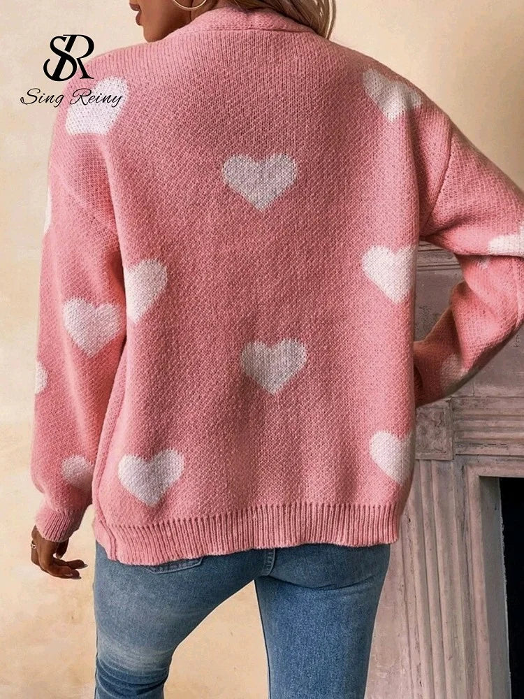 Sweet Love Knitted Cardigan Women 2026 Spring, Summer,  Autumn V-neck Print Warm Sweaters Long Sleeve Casual Loose Knitted Tops