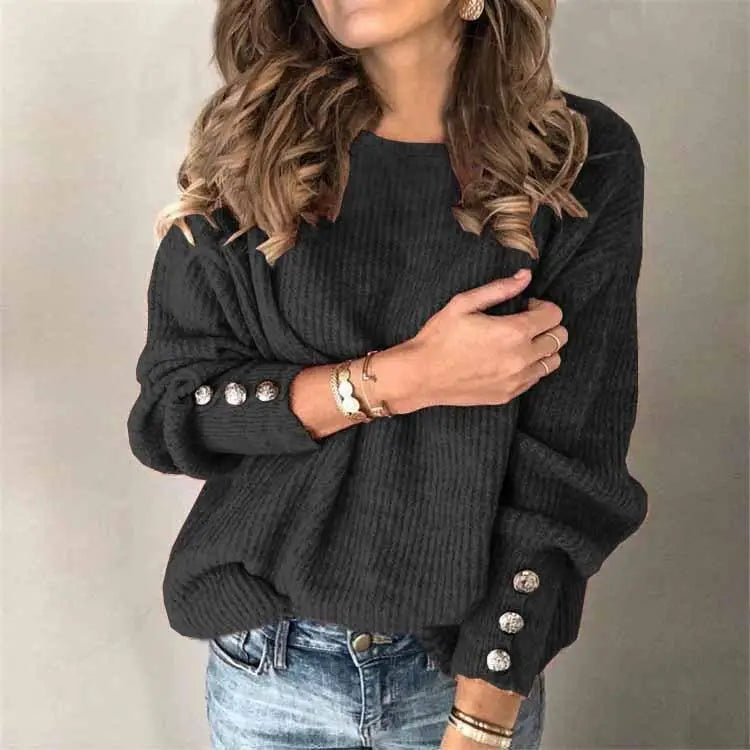 Women's Long Sleeve round Neck Button Sweater Top T-shirt Clean Fit City Walk Linen Blend Princess Sleeve