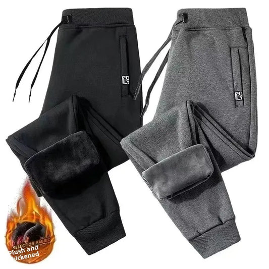 Men's Autumn/Winter Fleece-Lined and Thickened Sweatpants Versatile Casual Straight-Leg Pants Loose-Fitzip-Upocket Solid Color W