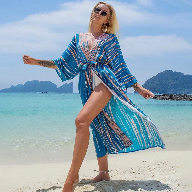Swimsuit Cover Up Printed Kimono for Sea Boho Coverup Long Luxury Beach Outings Belted Swimwear Cape Holiday Bathing Suits Sales