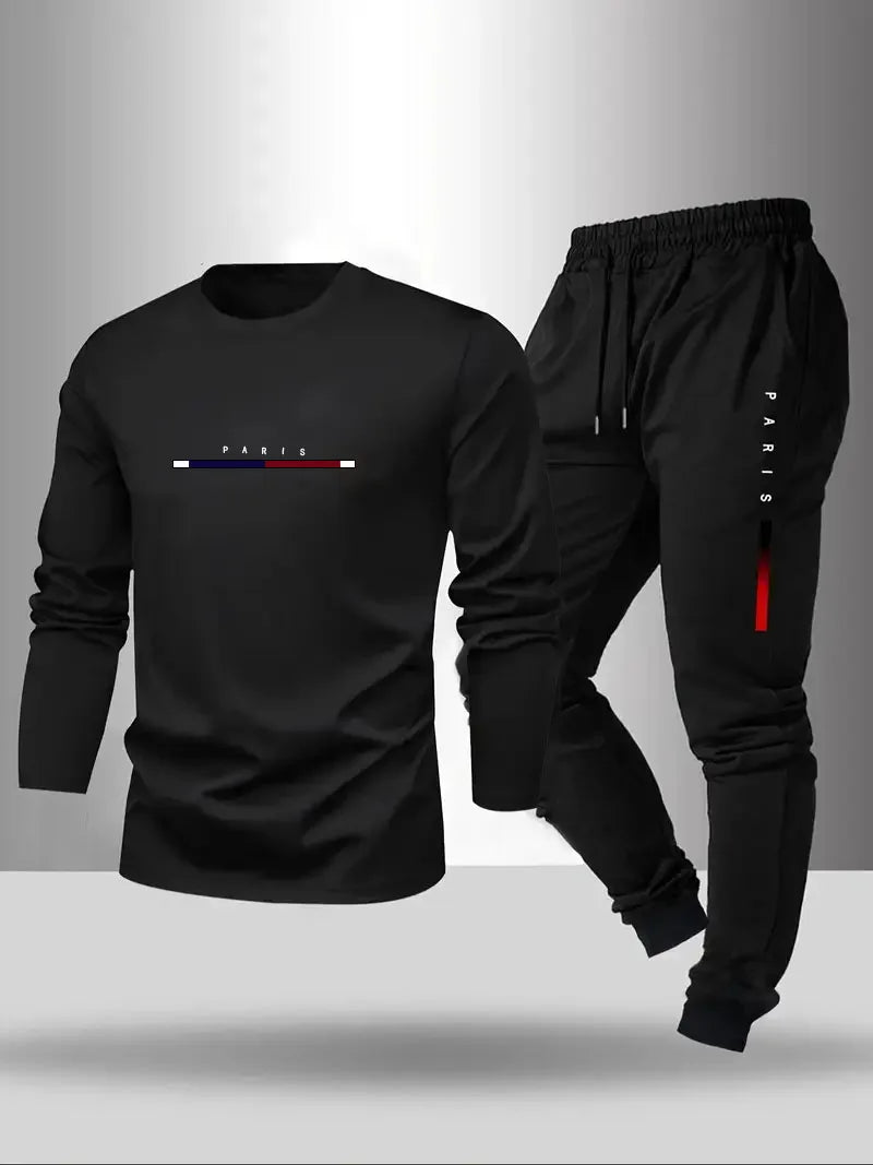 Men's Letter Print Sweatshirt & Drawstring Waist Sweatpants Two-piece Set, Casual Round Neck Long Sleeve Pullover & Pocket Jogge