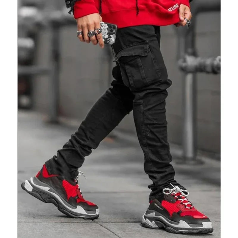 Men Casual Pencil Jeans Male Elastic Multi Pocket Small Slim High Street Denim Pants Wash Solid Color Mid Waist Cargo Jeans