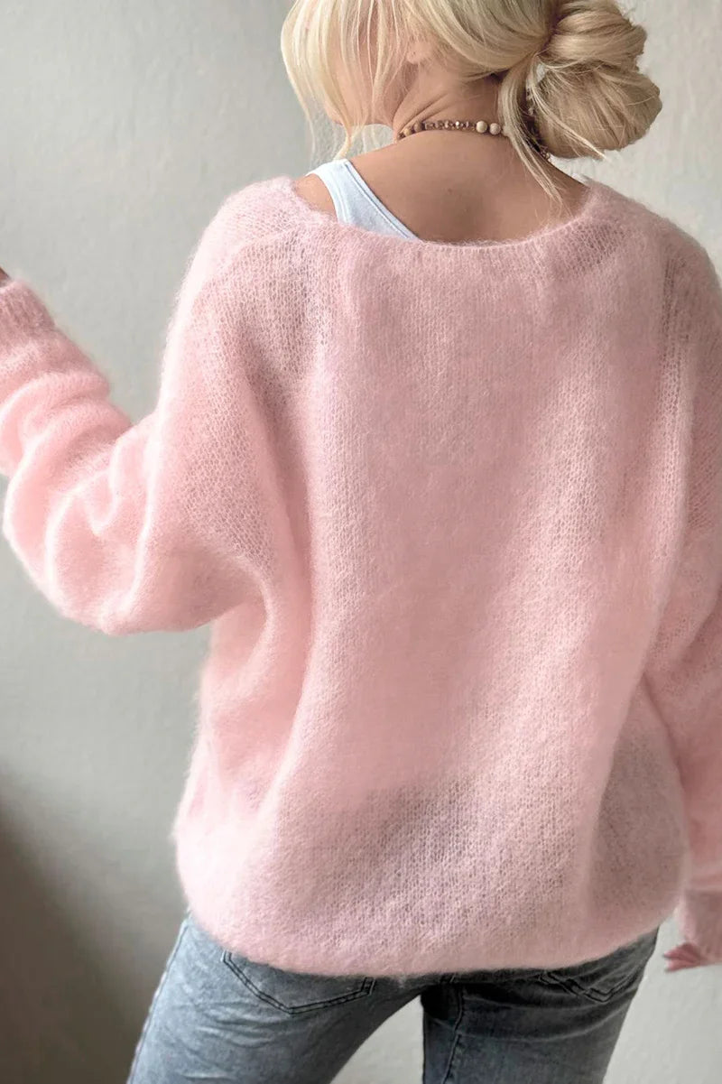 Women'S Soft V Neck Pullover Sweater  Casual Detail Light Pink Loose Fit for Spring Fall Spring