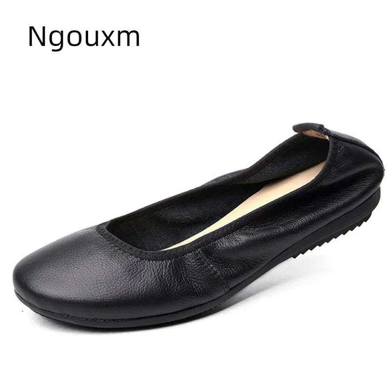 Ngouxm Fashion Women Loafers Shoes Leather Ballerina Ballet Flats Foldable And Portable Travel Pregnant Working Walking Shoes