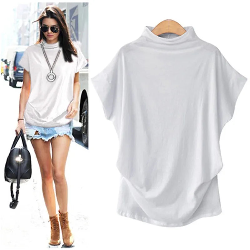 Women's Retro Solid Color T-Shirt Summer Turtleneck Short Sleeve Tees Fashion Loose Streetwear Female Pleated Top