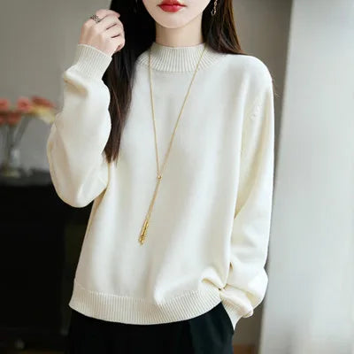 100% Pure Cotton Women's Knitted Sweater Solid Color Round Neck Pullover Loose Cotton Sweater Autumn and Winter New Women's Top
