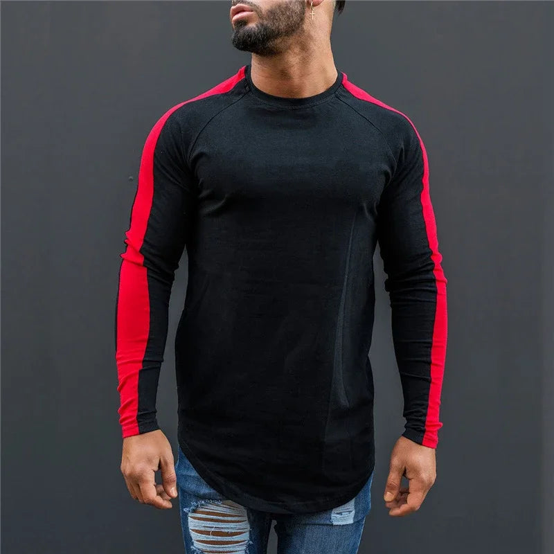 Plain Bodybuilding Sport Shirts Breathale Cotton Long Sleeve Tops Gym Fitness T-Shirts Slim Fit Contrast Color Hip Hop Clothing