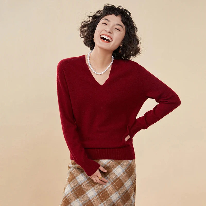 Autumn And Winter New Women's Cashmere Sweater 100% Pure Cashmere V-neck Knitted Pullover Long Sleeved Hot Selling Women's Top