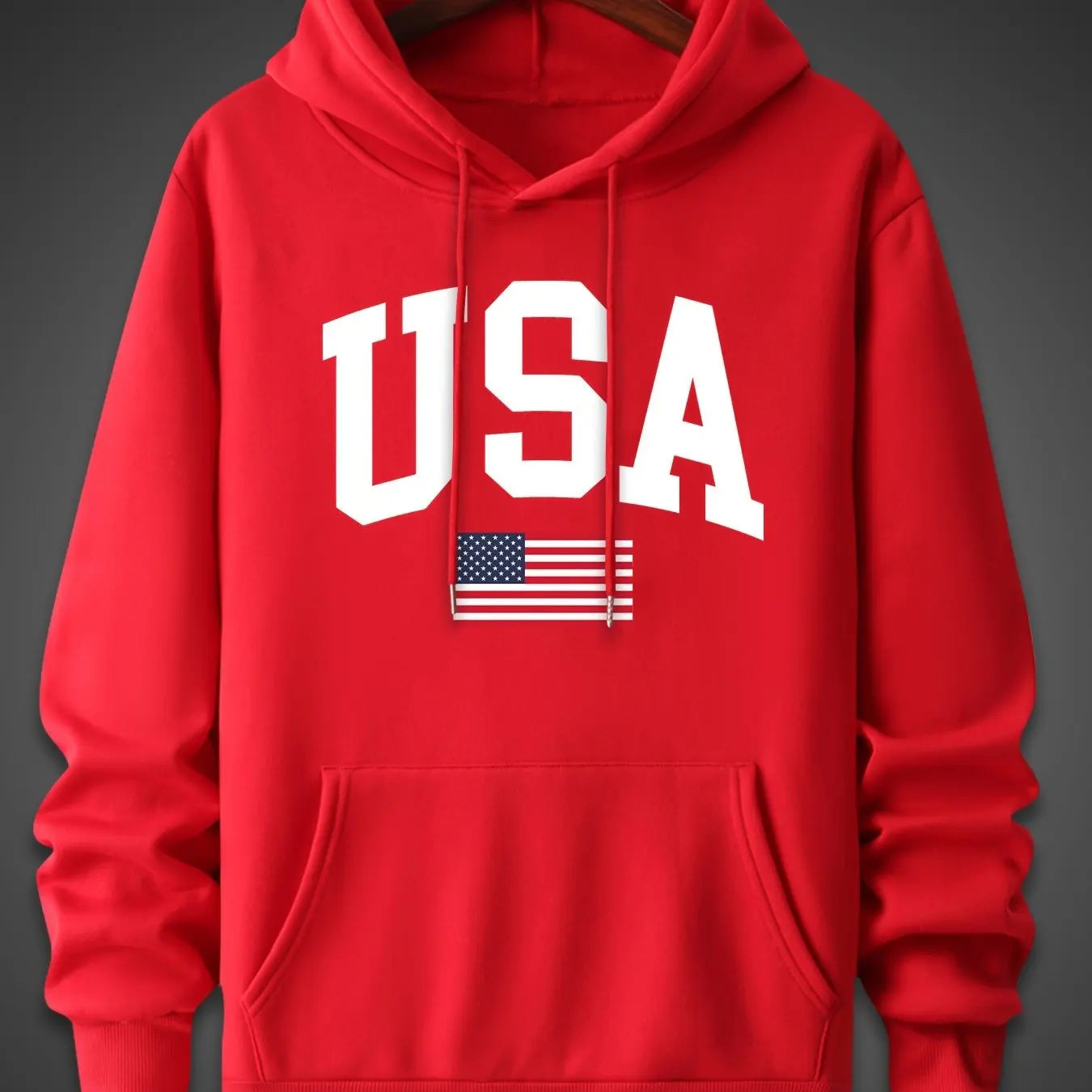 Men's autumn and winter fashionable casual loose oversized USA flag print fleece pullover hooded long sleeved sweatshirt