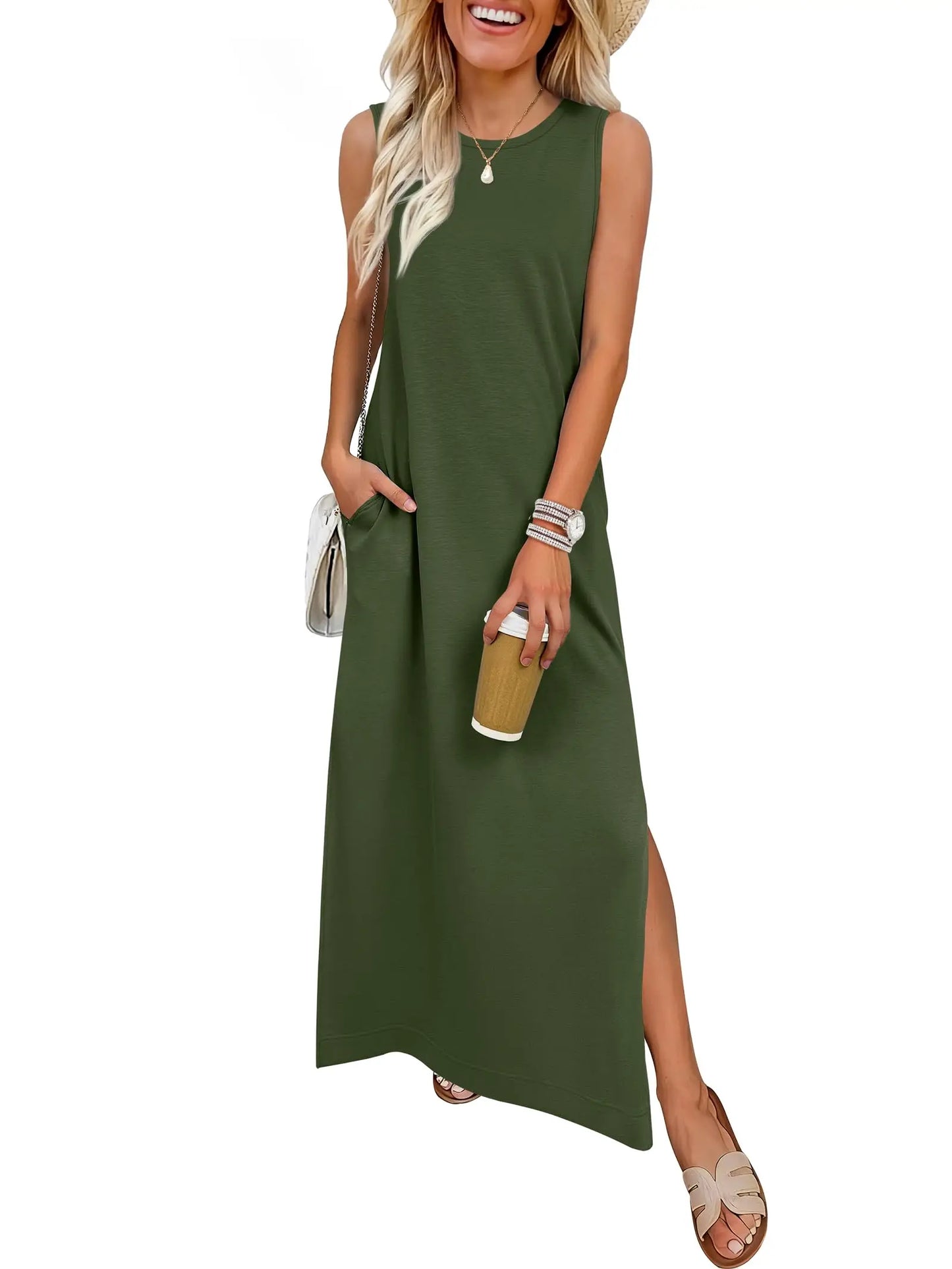 Women Summer Sleeveless Maxi Sundress With Pockets Casual Beach Vacation Dress
