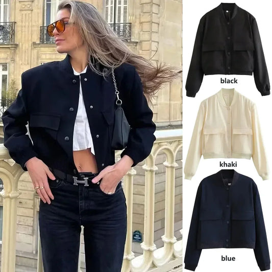 1PCS Woman Bomber Jacket Coat White Autumn Winter Button Baseball Aviator Cropped Jackets for Women Long Sleeve Crop Outerwear