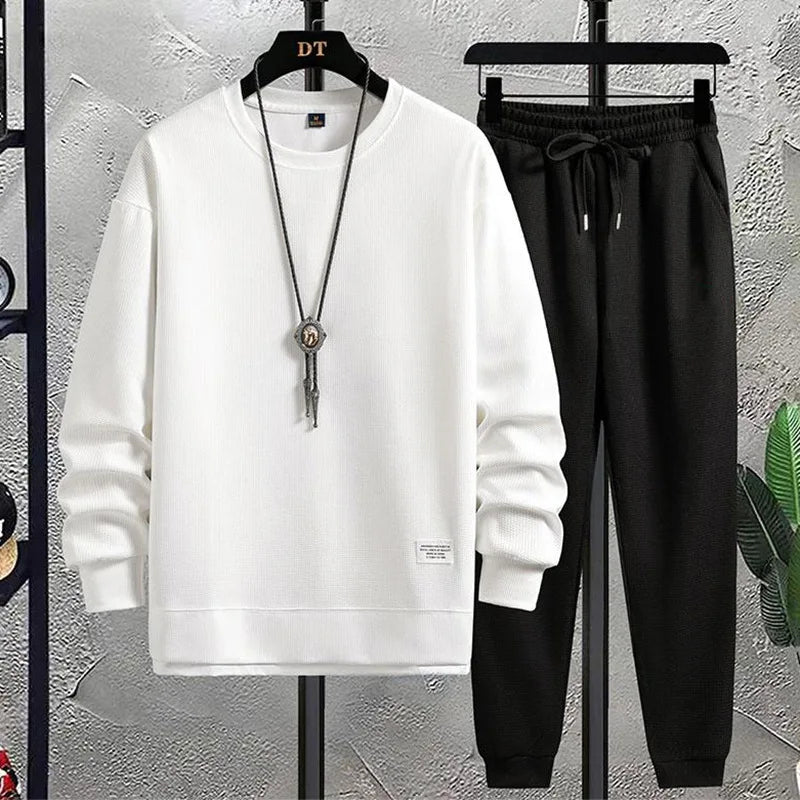 2026 Spring and Autumn New Men's Fashion Brand Round Neck Waffle Set Casual and Handsome Sports Two Piece Set