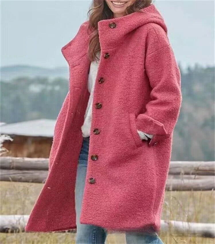 Women's Winter Hooded Long Sve Loose Fit  Color Coat Jaet Silk Knitted Thiened Outerwear for Autumn Season