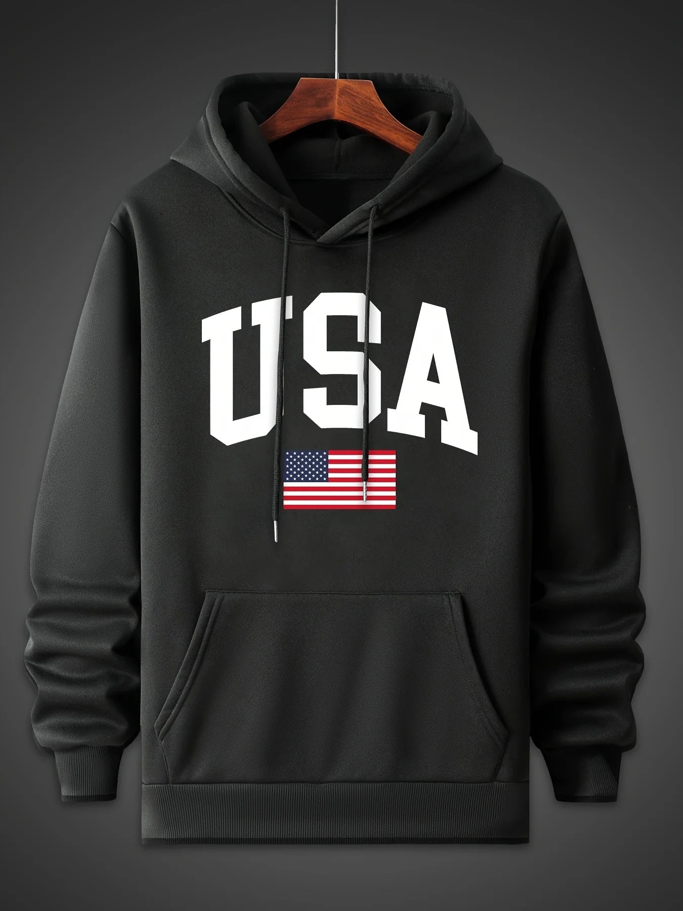 Men's autumn and winter fashionable casual loose oversized USA flag print fleece pullover hooded long sleeved sweatshirt