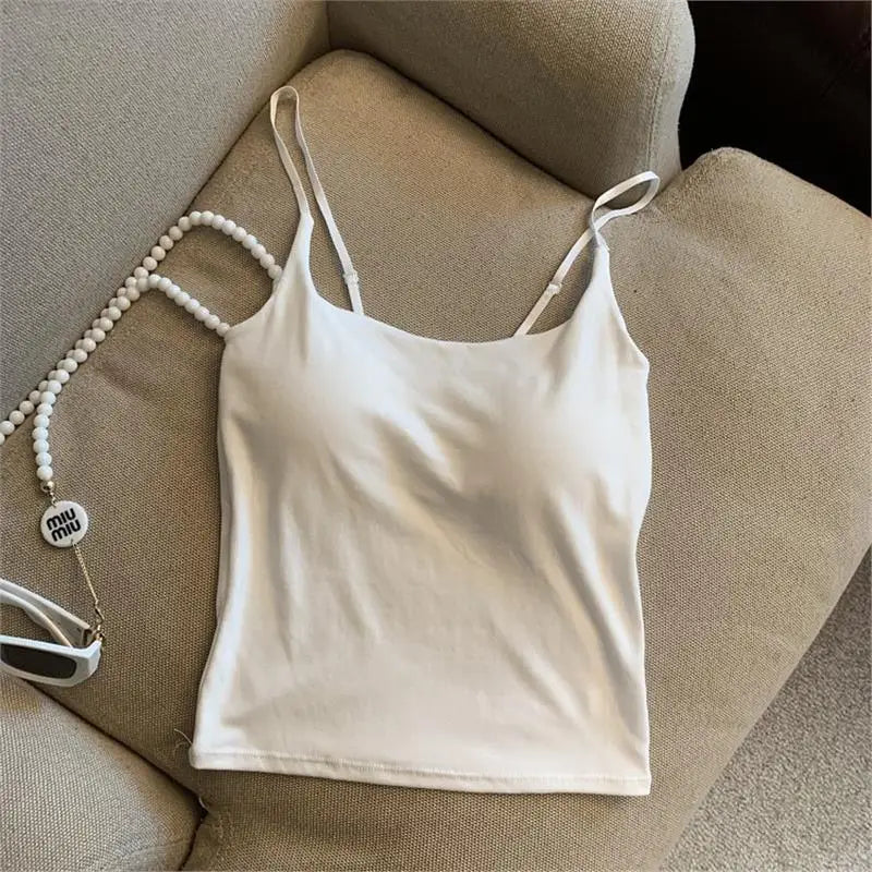 New Women's Slim Fit Tank Top Pure Color Summer Outerwear with Chest Pad Versatile Casual Wear