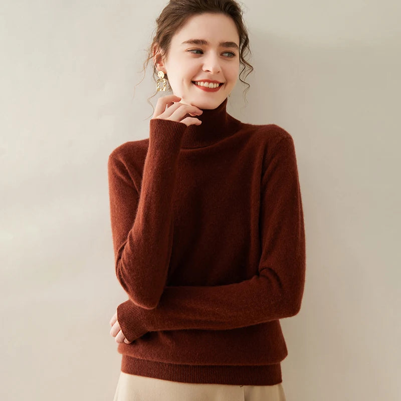 Cashmere Sweater Women's Turtleneck Long Sleeved Knitted Pullover 100% Pure Cashmere Base Sweater Korean Version Women's Top