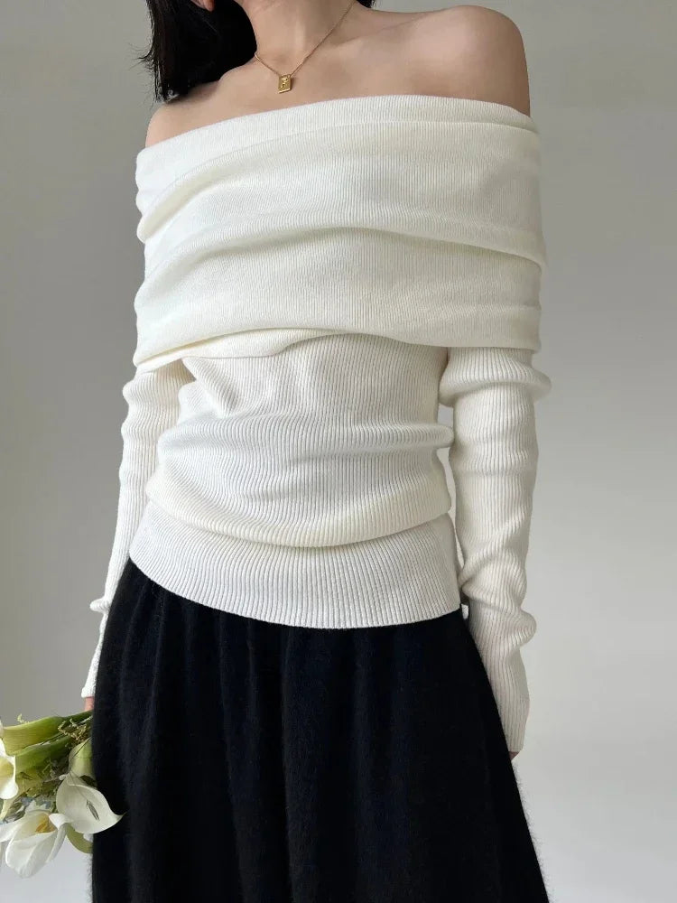 2026 Elegant Vintage Knitted Solid Jumper Autumn Winter Off Shoulder Women Sweaters High Stretch Top Soft Chic Pullovers