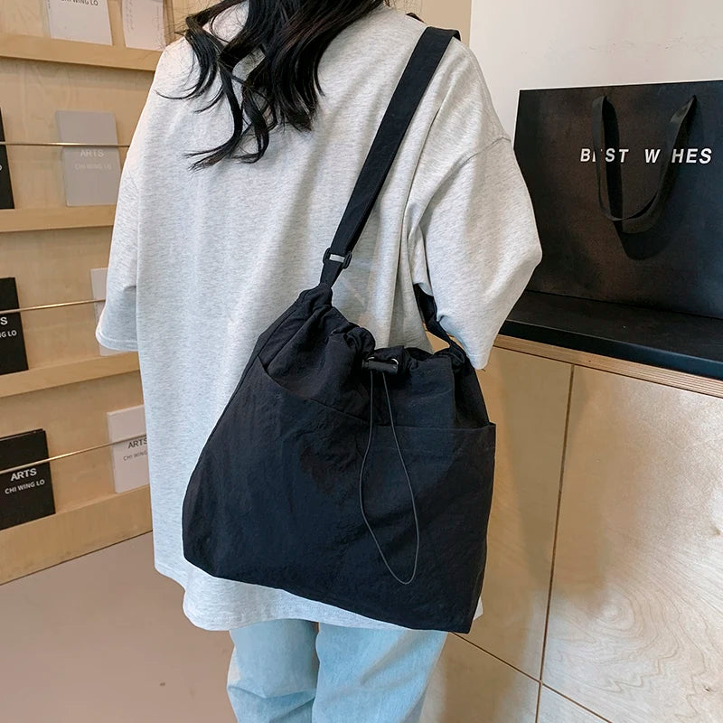 Female Nylon Shoulder Bag Large Capacity Stylish Crossbody Bag Wear Resist Drawstring Shoulder Bag Travel Shopping Commute Bag