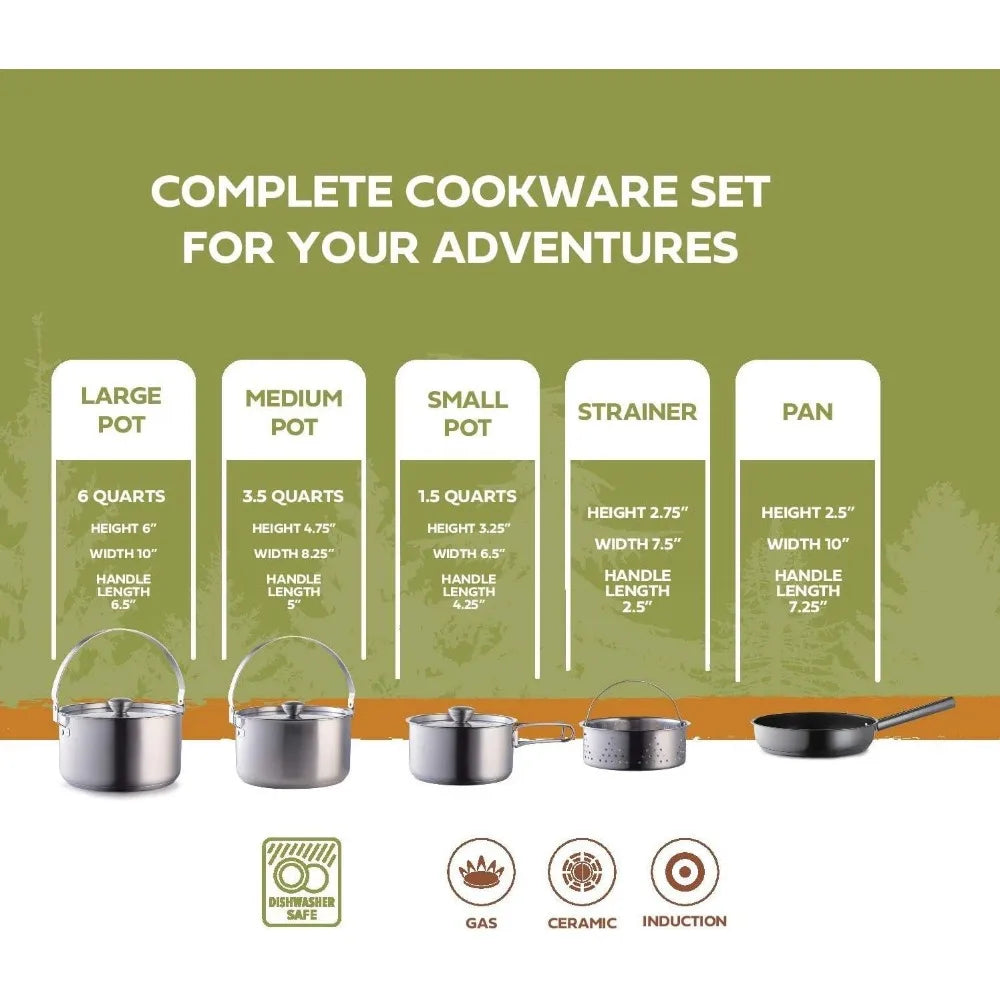 Camping Cookware 304 stainless steel 8-piece pot and pan Cooking kit | Skillet steamer with travel tote bag