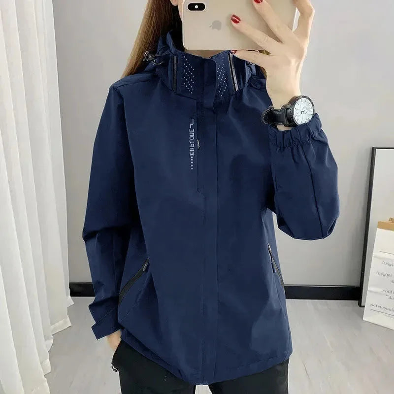 Autumn Spring Women Outdoor Jacket Windbreaker Waterproof Hooded Zipper Hiking Climbing Camping Casual Outwear Unisex Style